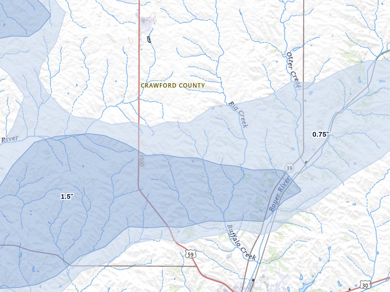 NEXRAD radar-signature map of the hail storm over Denison, IA on Aug 11, 2026