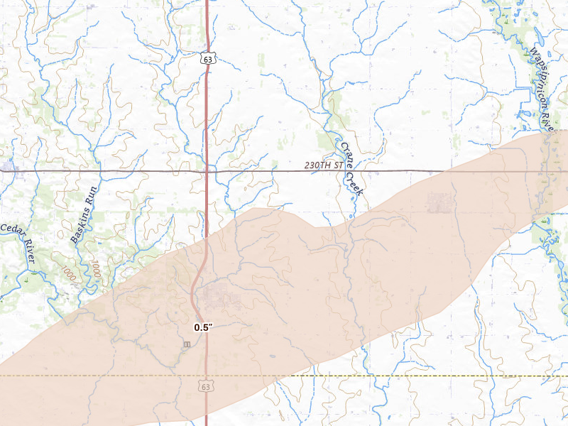Radar-estimated hail-size map of the storm over Denver, IA on Apr 14, 2026