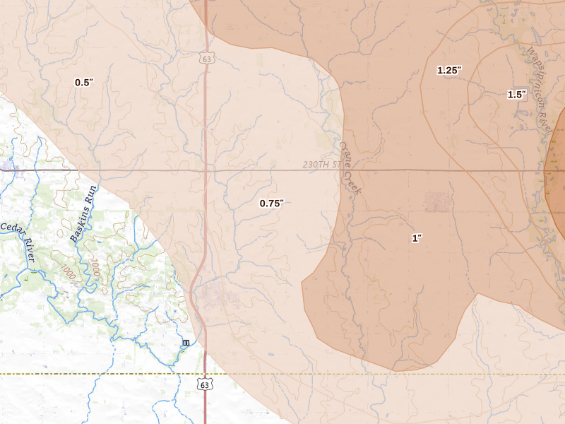 Radar-estimated hail-size map of the storm over Denver, IA on Aug 7, 2026