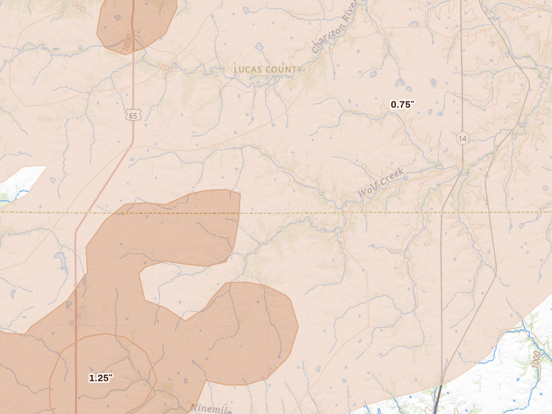 Radar-estimated hail-size map of the storm over Derby, IA on Jun 10, 2026