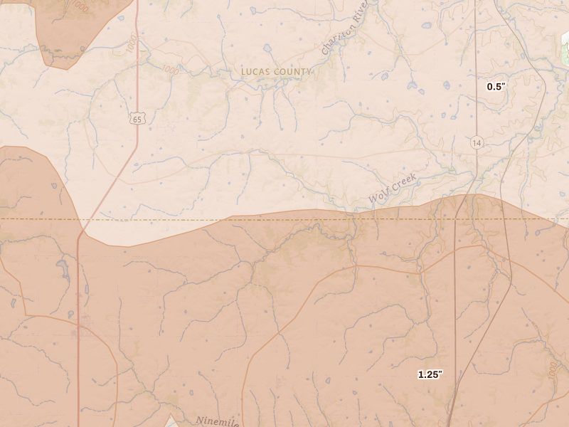 Radar-estimated hail-size map of the storm over Derby, IA on Jun 11, 2026