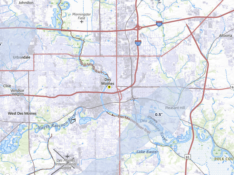 NEXRAD radar-signature map of the hail storm over Des Moines, IA on Mar 6, 2026
