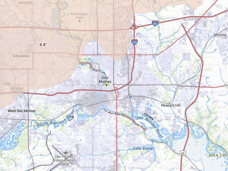 Radar-estimated hail-size map of the storm over Des Moines, IA on Mar 30, 2026
