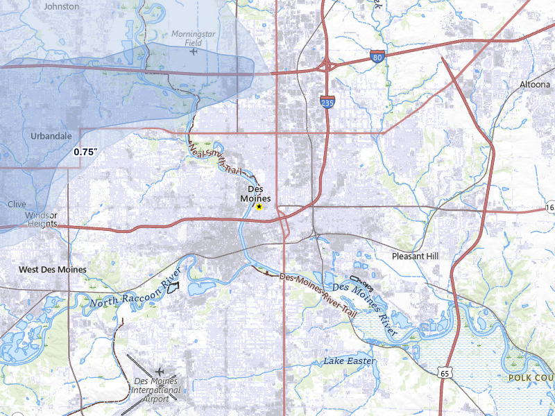NEXRAD radar-signature map of the hail storm over Des Moines, IA on Mar 30, 2026