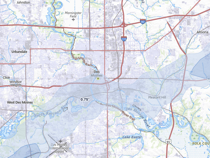 NEXRAD radar-signature map of the hail over Des Moines, IA