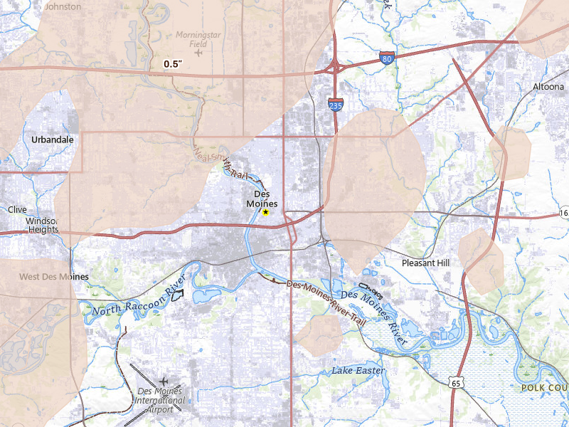Radar-estimated hail-size map of the storm over Des Moines, IA on May 18, 2026