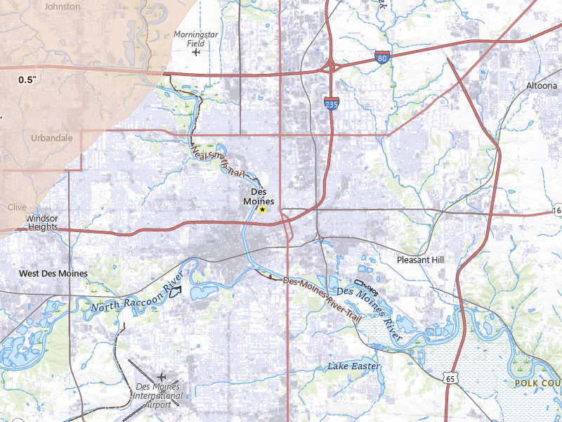 Radar-estimated hail-size map of the storm over Des Moines, IA on Jun 11, 2026