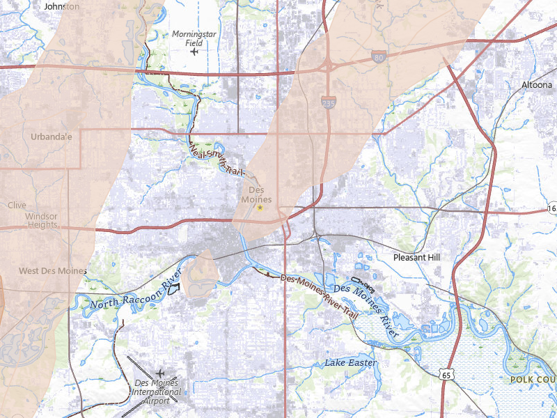 Radar-estimated hail-size map of the storm over Des Moines, IA on Jul 2, 2026