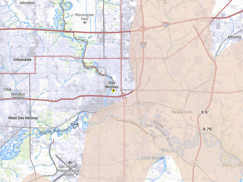 Radar-estimated hail-size map of the storm over Des Moines, IA on Jul 3, 2026