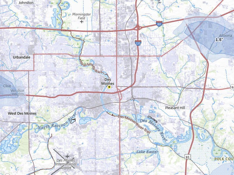 NEXRAD radar-signature map of the hail storm over Des Moines, IA on Jul 3, 2026