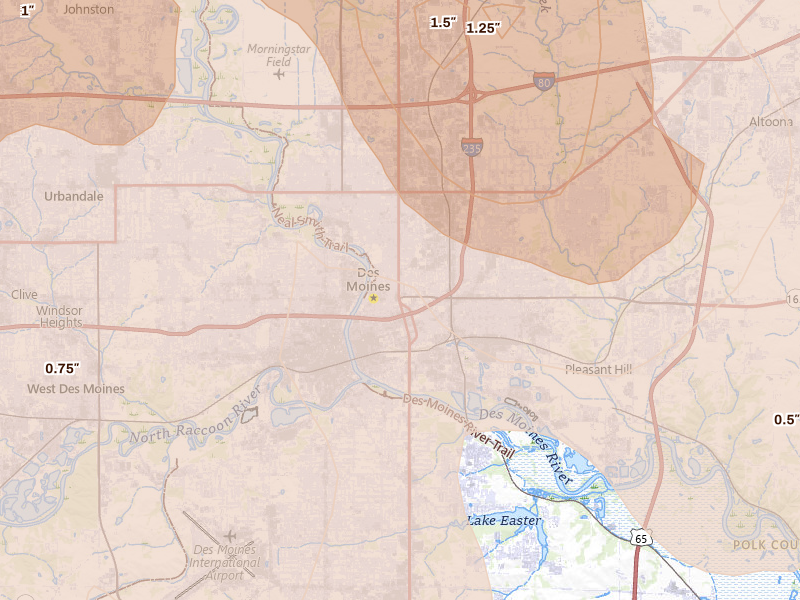 Radar-estimated hail-size map of the storm over Des Moines, IA on Jul 20, 2026
