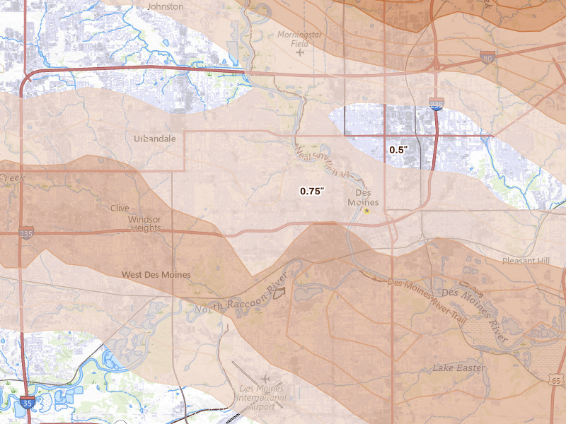Radar-estimated hail-size map of the storm over Des Moines, IA