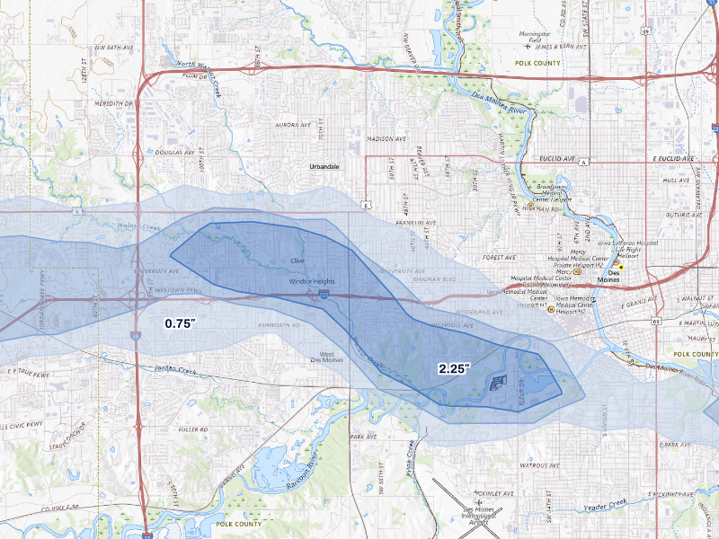 NEXRAD radar-signature map of the hail storm over Des Moines, IA on Sep 8, 2026