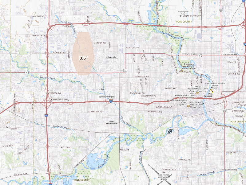 Radar-estimated hail-size map of the storm over Des Moines, IA