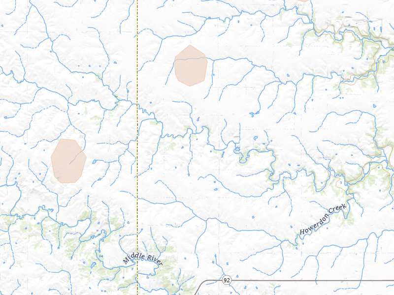 Radar-estimated hail-size map of the storm over Dexter, IA on Mar 6, 2026