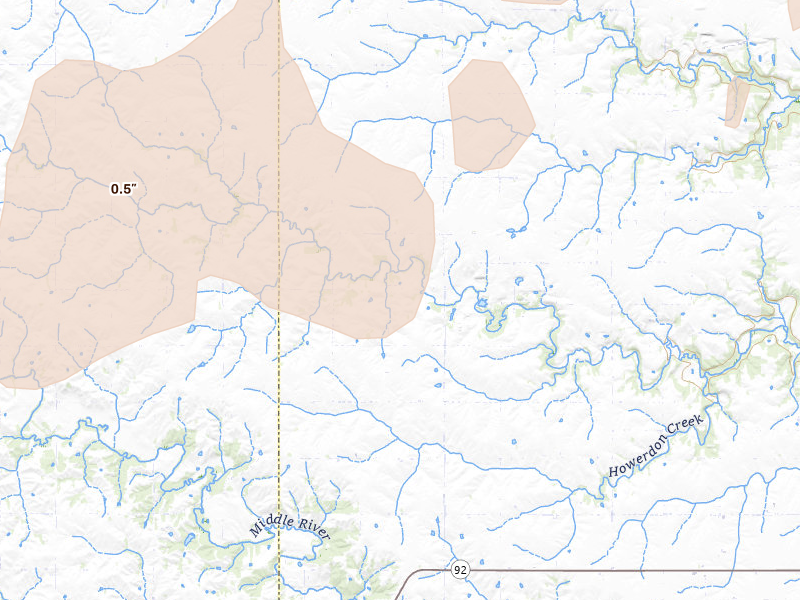 Radar-estimated hail-size map of the storm over Dexter, IA on Apr 23, 2026