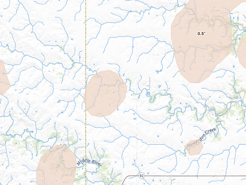 Radar-estimated hail-size map of the storm over Dexter, IA on May 18, 2026