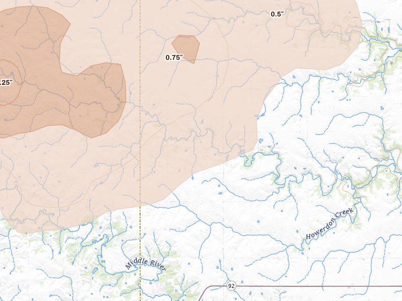 Radar-estimated hail-size map of the storm over Dexter, IA on Jun 10, 2026
