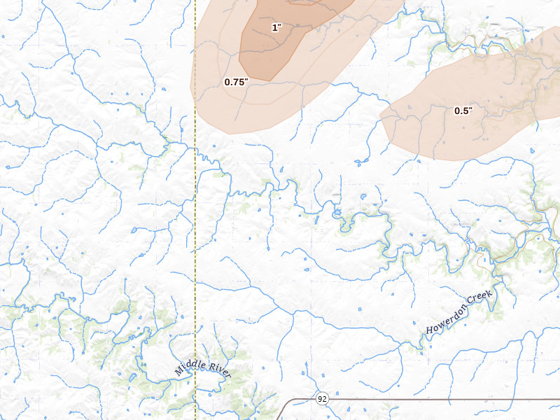 Radar-estimated hail-size map of the storm over Dexter, IA on Jul 3, 2026