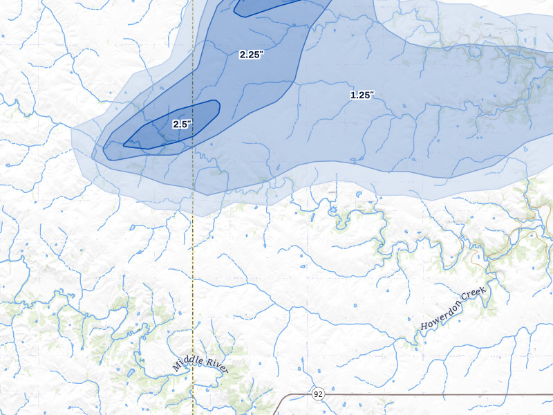 NEXRAD radar-signature map of the hail storm over Dexter, IA on Jul 3, 2026