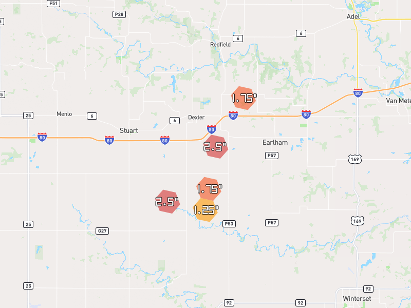 Hail map of Dexter, IA on Jul 4, 2026, hail up to 2.5"