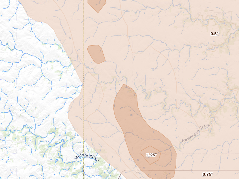 Radar-estimated hail-size map of the storm over Dexter, IA on Jul 20, 2026