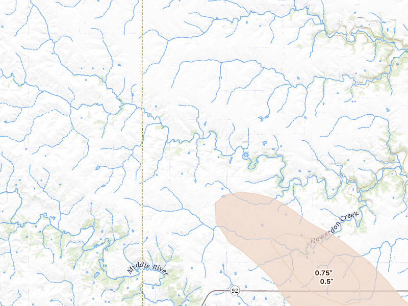Radar-estimated hail-size map of the storm over Dexter, IA on Jul 27, 2026