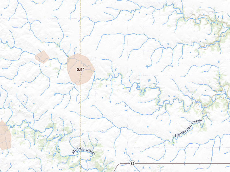 Radar-estimated hail-size map of the storm over Dexter, IA on Aug 8, 2026