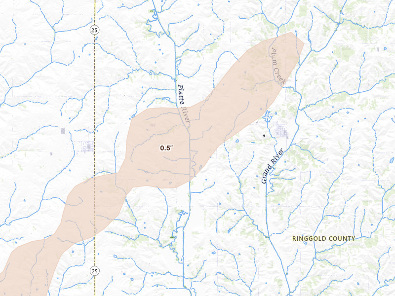 Radar-estimated hail-size map of the storm over Diagonal, IA on Apr 3, 2026