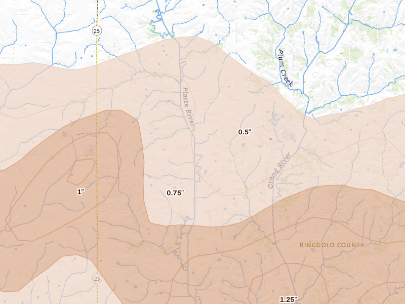 Radar-estimated hail-size map of the storm over Diagonal, IA on May 16, 2026