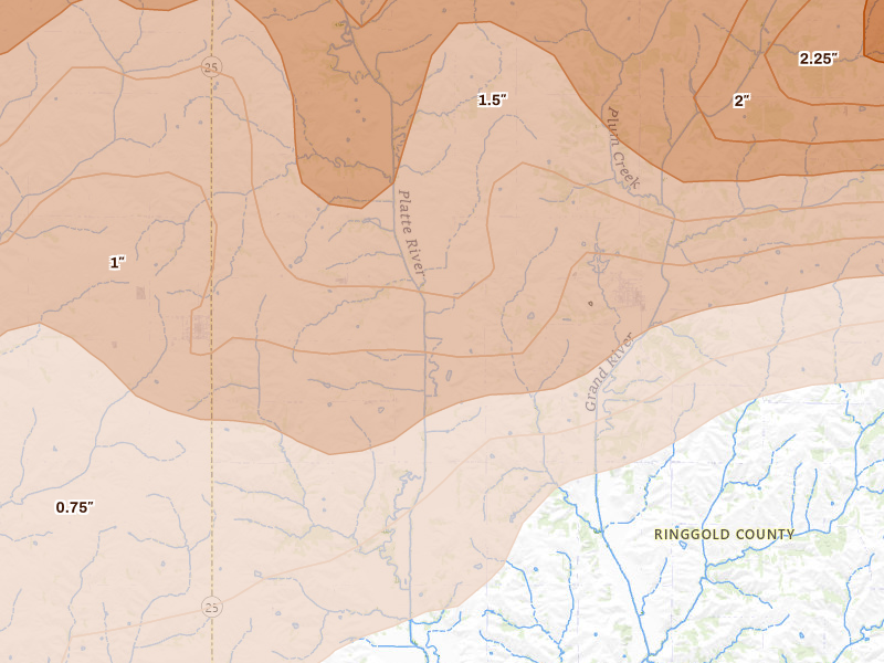 Radar-estimated hail-size map of the storm over Diagonal, IA on Jun 10, 2026