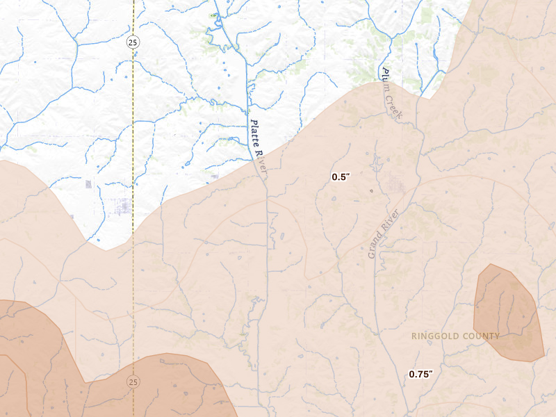 Radar-estimated hail-size map of the storm over Diagonal, IA on Jun 11, 2026