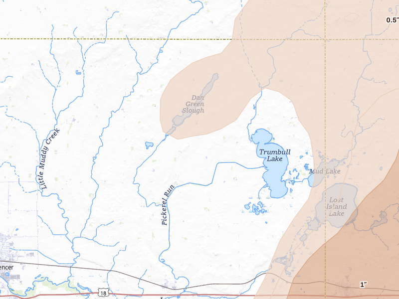 Radar-estimated hail-size map of the storm over Dickens, IA on Apr 13, 2026