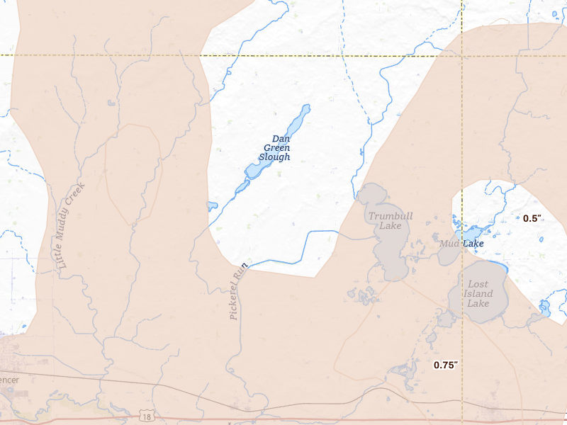 Radar-estimated hail-size map of the storm over Dickens, IA on May 17, 2026