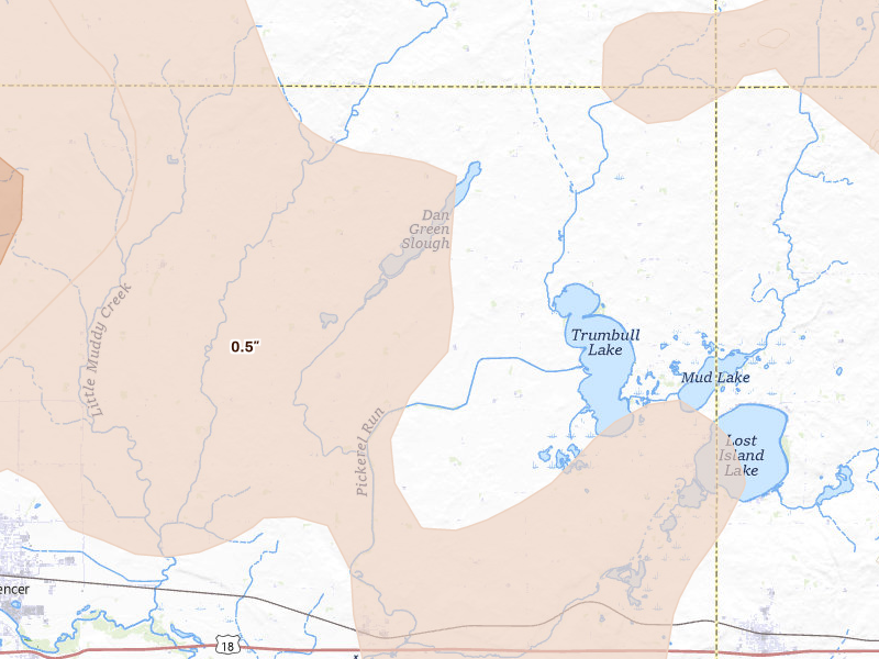 Radar-estimated hail-size map of the storm over Dickens, IA on Jun 27, 2026