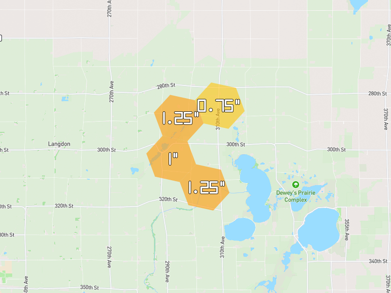 Hail map of Dickens, IA on Jul 2, 2026, hail up to 1.25"