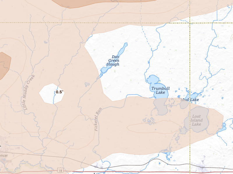 Radar-estimated hail-size map of the storm over Dickens, IA on Aug 8, 2026