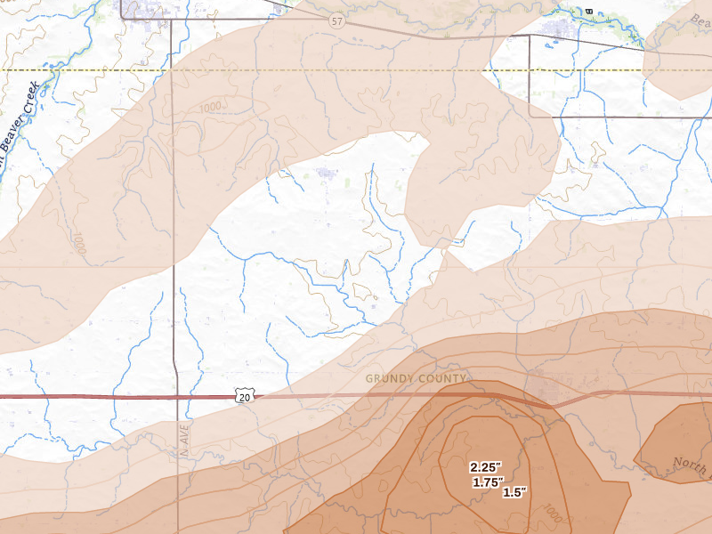Radar-estimated hail-size map of the storm over Dike, IA on Apr 14, 2026