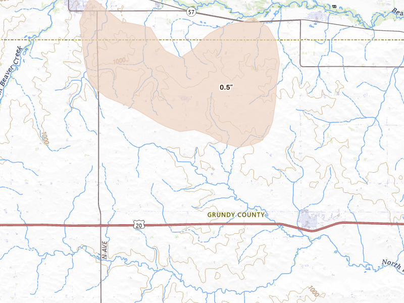 Radar-estimated hail-size map of the storm over Dike, IA on May 15, 2026