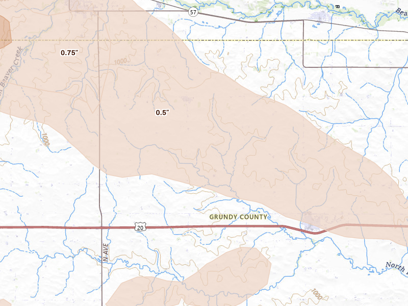 Radar-estimated hail-size map of the storm over Dike, IA on Aug 10, 2026