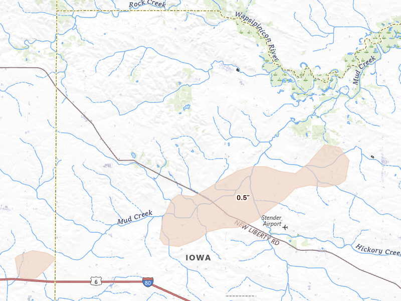 Radar-estimated hail-size map of the storm over Dixon, IA on Mar 10, 2026