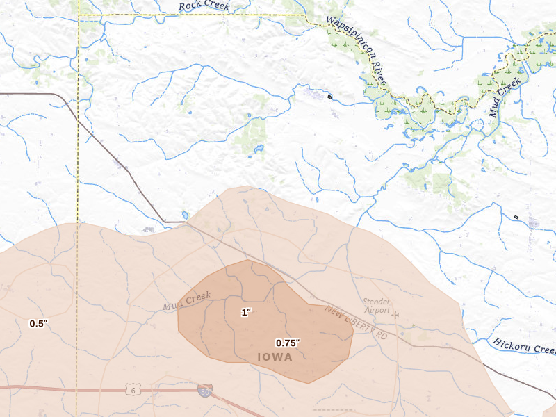 Radar-estimated hail-size map of the storm over Dixon, IA on Jul 3, 2026