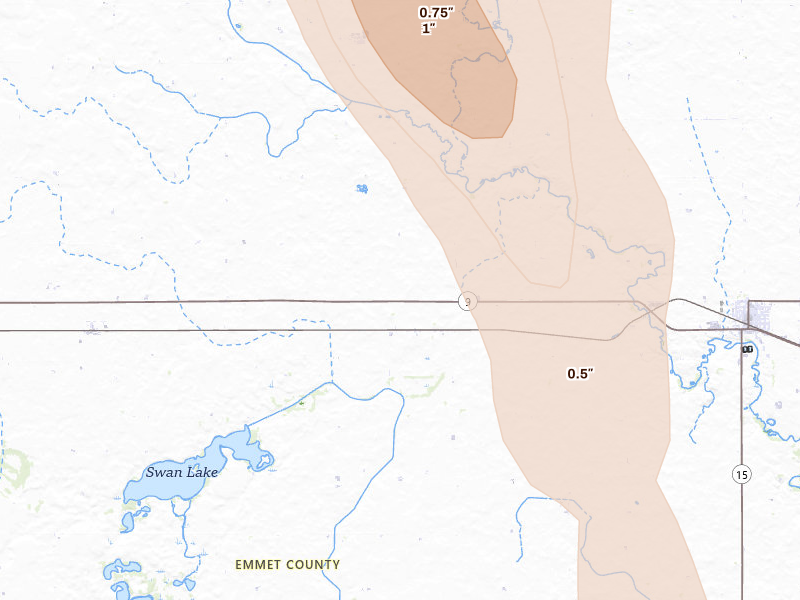 Radar-estimated hail-size map of the storm over Dolliver, IA on Jun 1, 2026