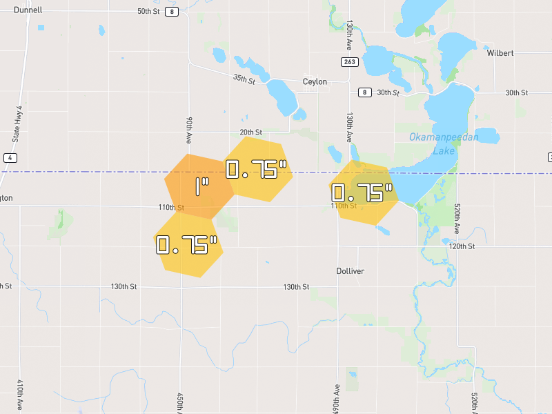 Hail map of Dolliver, IA on Jun 28, 2026, hail up to 1"