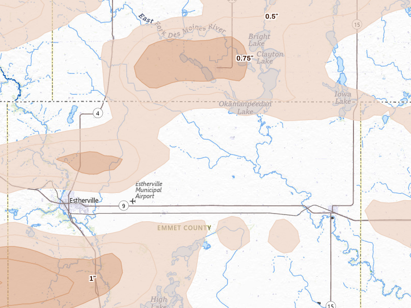 Radar-estimated hail-size map of the storm over Dolliver, IA on Aug 8, 2026