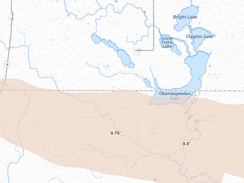 Radar-estimated hail-size map of the storm over Dolliver, IA on Aug 9, 2026