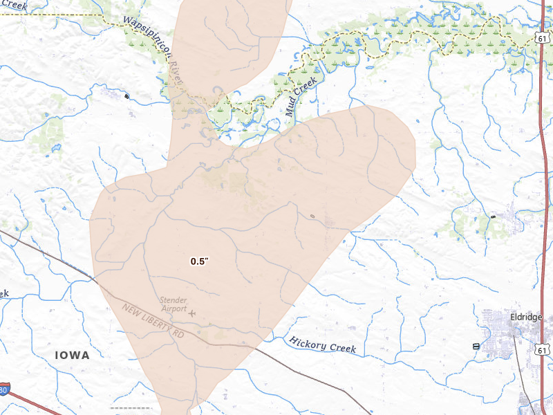 Radar-estimated hail-size map of the storm over Donahue, IA on Jun 10, 2026
