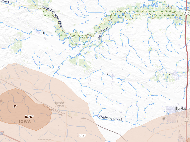 Radar-estimated hail-size map of the storm over Donahue, IA on Jul 3, 2026