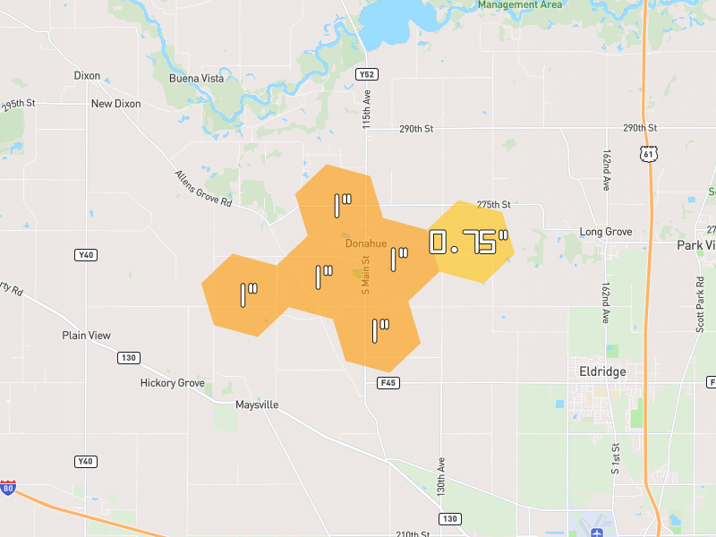 Hail map of Donahue, IA on Jul 3, 2026, hail up to 1"