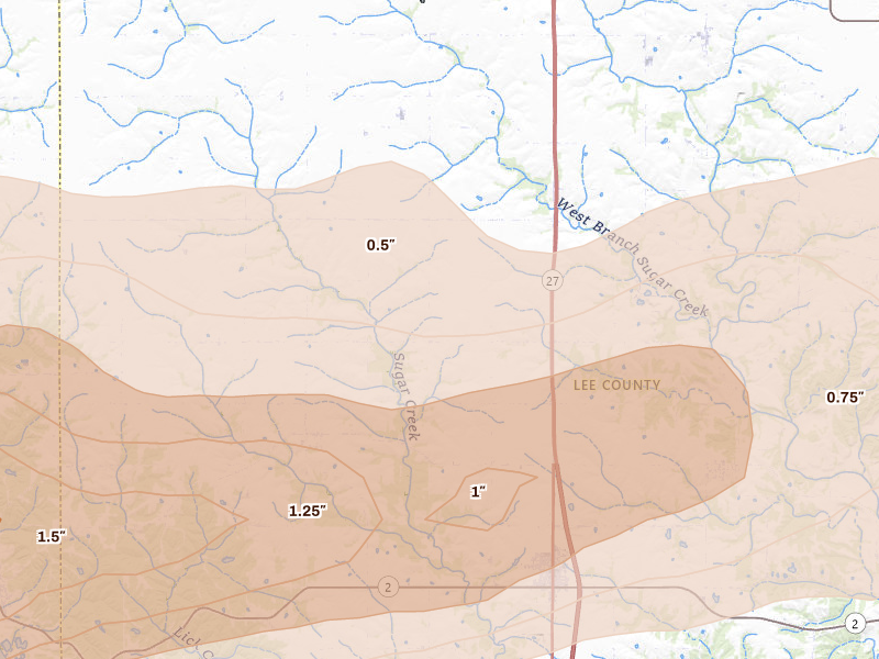 Radar-estimated hail-size map of the storm over Donnellson, IA on Mar 10, 2026